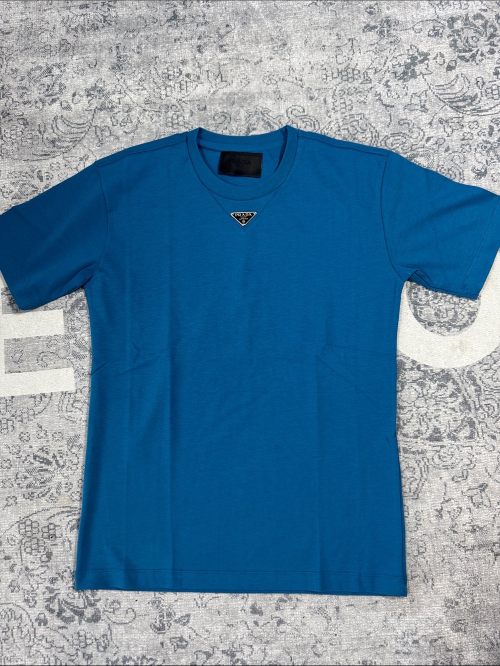 Prada Teal-Blue Short Sleeve Crewneck with Triangle Logo